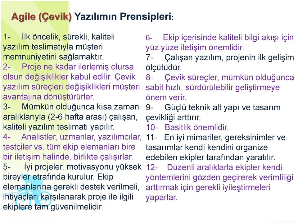 4- Analistler, uzmanlar, yazılımcılar, testçiler vs. tüm ekip elemanları bire bir iletişim halinde, birlikte çalışırlar. 5- İyi projeler, motivasyonu yüksek bireyler etrafında kurulur.