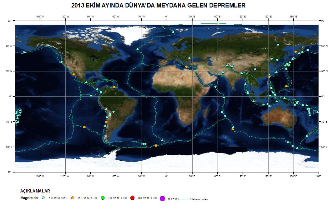 3. 2013 EKİM AYINDA DÜNYA DA ÖNE ÇIKAN DEPREM ETKİNLİKLERİ 2013 Ekim ayı içerisinde Dünya da büyüklüğü 5 ve üzeri olan toplam 143 deprem meydana gelmiştir (Şekil 3.1).