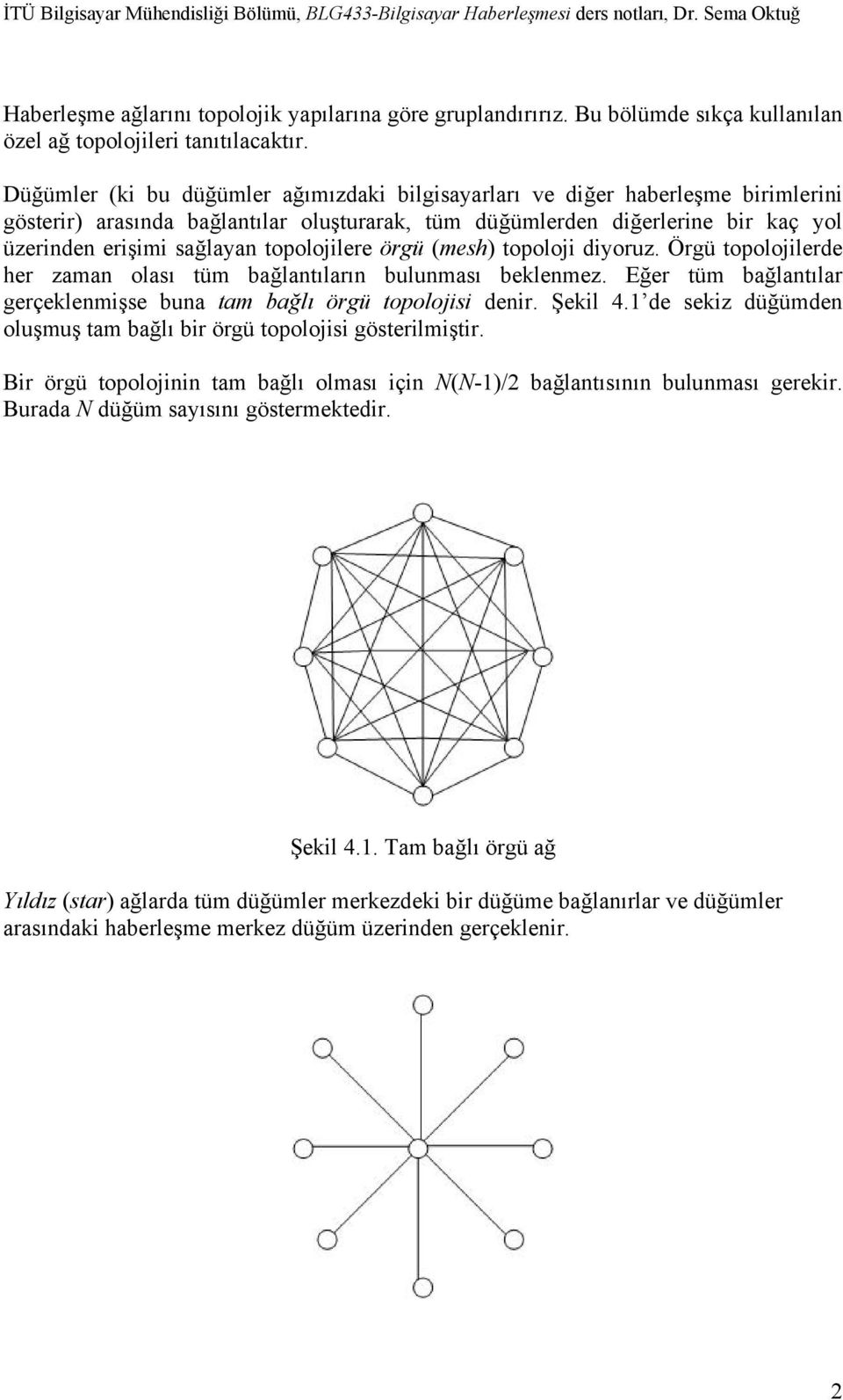 topolojilere örgü (mesh) topoloji diyoruz. Örgü topolojilerde her zaman olası tüm bağlantıların bulunması beklenmez. Eğer tüm bağlantılar gerçeklenmişse buna tam bağlı örgü topolojisi denir. Şekil 4.