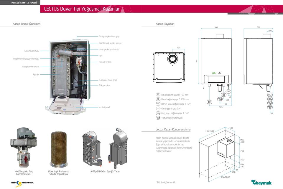 bağlantı çapı: 3/4 365 191 Çıkış suyu bağlantı çapı: 1 1/4 50 Yoğuşma suyu tahliyesi Lectus Kazan Konumlandırma Min.0 530 Kazan montajı yandaki ölçüler dikkate alınarak yapılmalıdır.