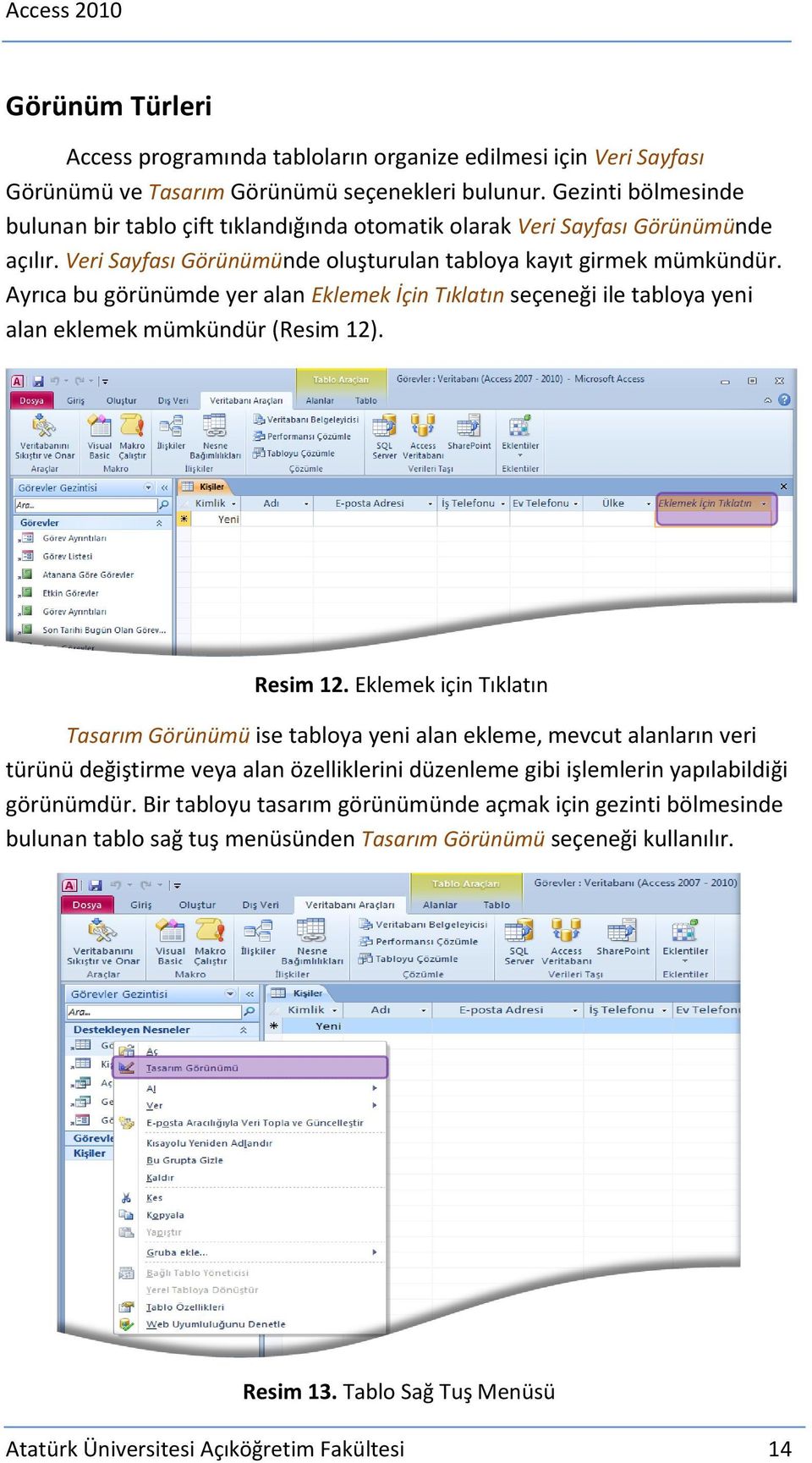 Ayrıca bu görünümde yer alan Eklemek İçin Tıklatın seçeneği ile tabloya yeni alan eklemek mümkündür (Resim 12). Resim 12.