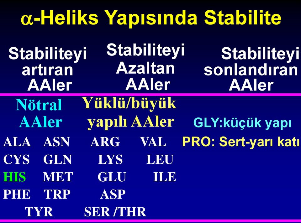 Stabiliteyi sonlandıran AAler GLY:küçük yapı ALA ASN ARG VAL