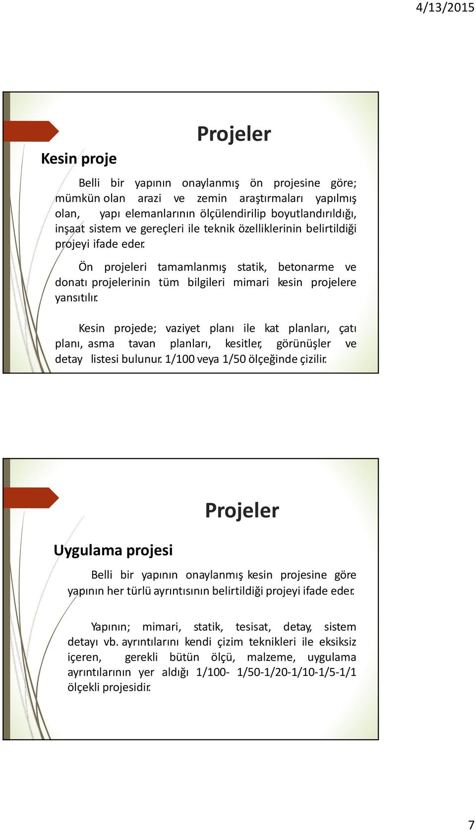 Kesin projede; vaziyet planı ile kat planları, çatı planı, asma tavan planları, kesitler, görünüşler ve detay listesi bulunur. 1/100 veya 1/50 ölçeğinde çizilir.