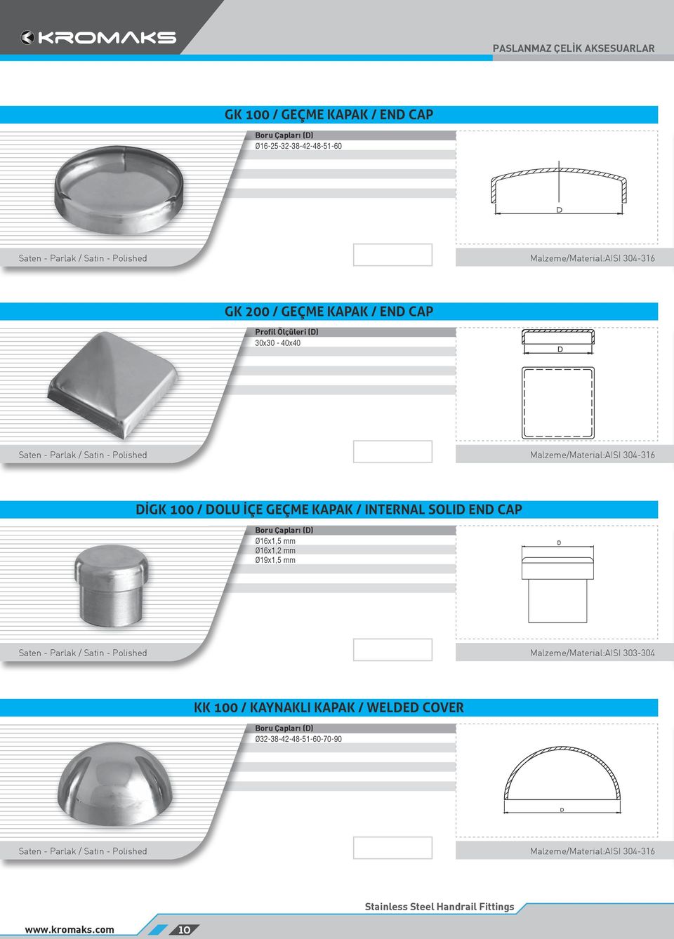 GEÇME KAPAK / INTERNAL SOLID END CAP Boru Çapları (D) Ø16x1,5 mm Ø16x1,2 mm Ø19x1,5 mm Malzeme/Material:AISI