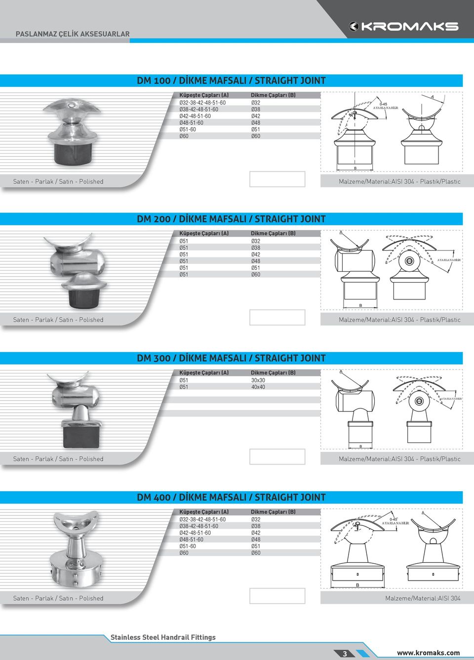 304 - Plastik/Plastic DM 300 / DİKME MAFSALI / STRAIGHT JOINT Küpeşte Çapları (A) Dikme Çapları (B) 30x30 40x40 AYARLANABİLİR Malzeme/Material:AISI 304 -