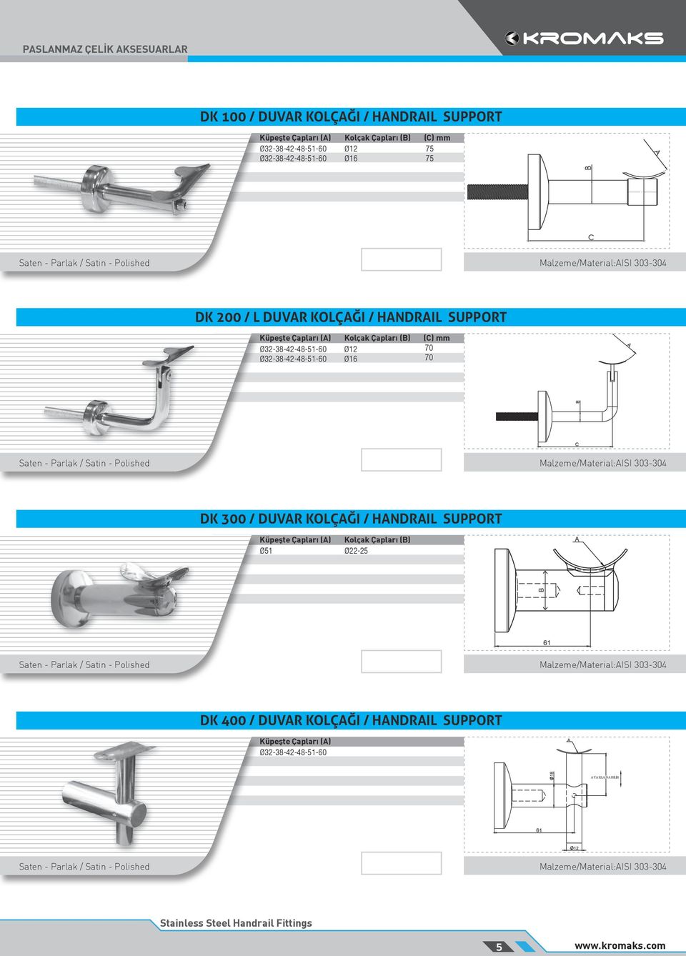 Ø12 Ø16 (C) mm 70 70 Malzeme/Material:AISI 303-304 DK 300 / DUVAR KOLÇAĞI / HANDRAIL SUPPORT Küpeşte Çapları (A) Kolçak Çapları (B) Ø22-25 A B