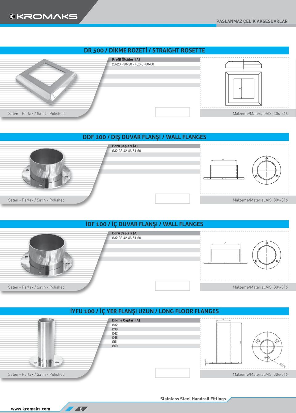 -38-42-48-51-60 Malzeme/Material:AISI 304-316 İDF 100 / İÇ DUVAR FLANŞI / WALL FLANGES Boru Çapları (A)