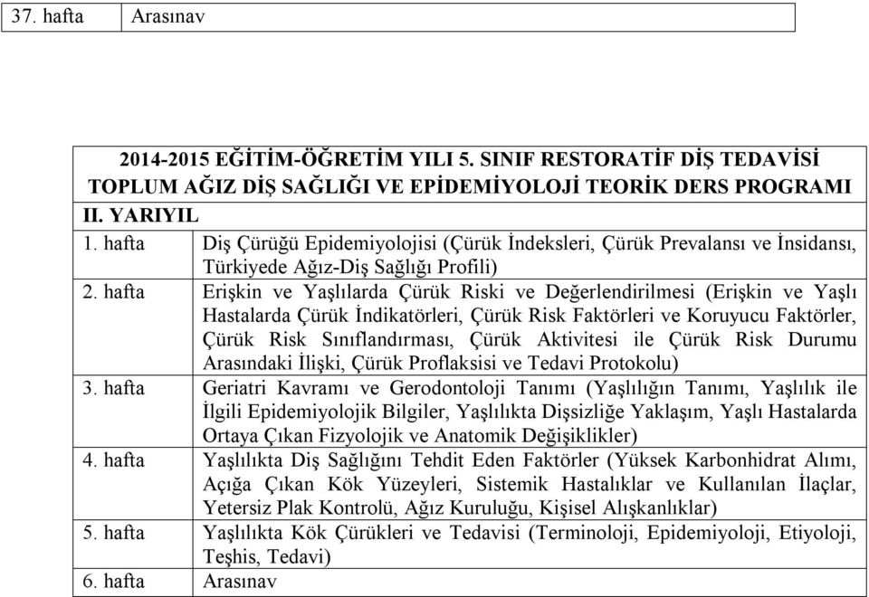 hafta Erişkin ve Yaşlılarda Çürük Riski ve Değerlendirilmesi (Erişkin ve Yaşlı Hastalarda Çürük İndikatörleri, Çürük Risk Faktörleri ve Koruyucu Faktörler, Çürük Risk Sınıflandırması, Çürük