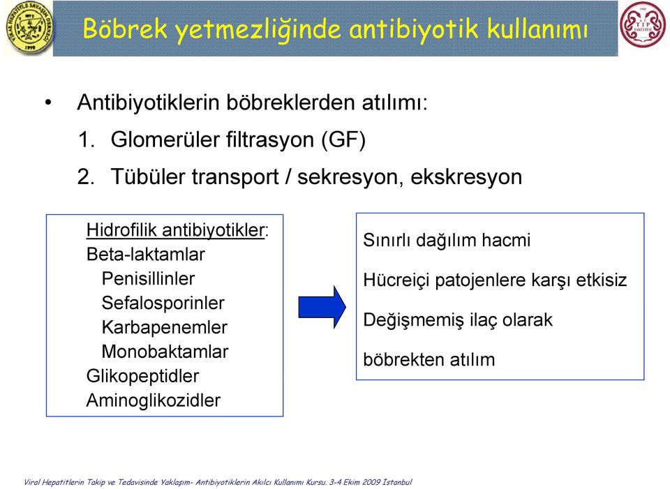 Tübüler transport / sekresyon, ekskresyon Hidrofilik antibiyotikler: Beta-laktamlar l