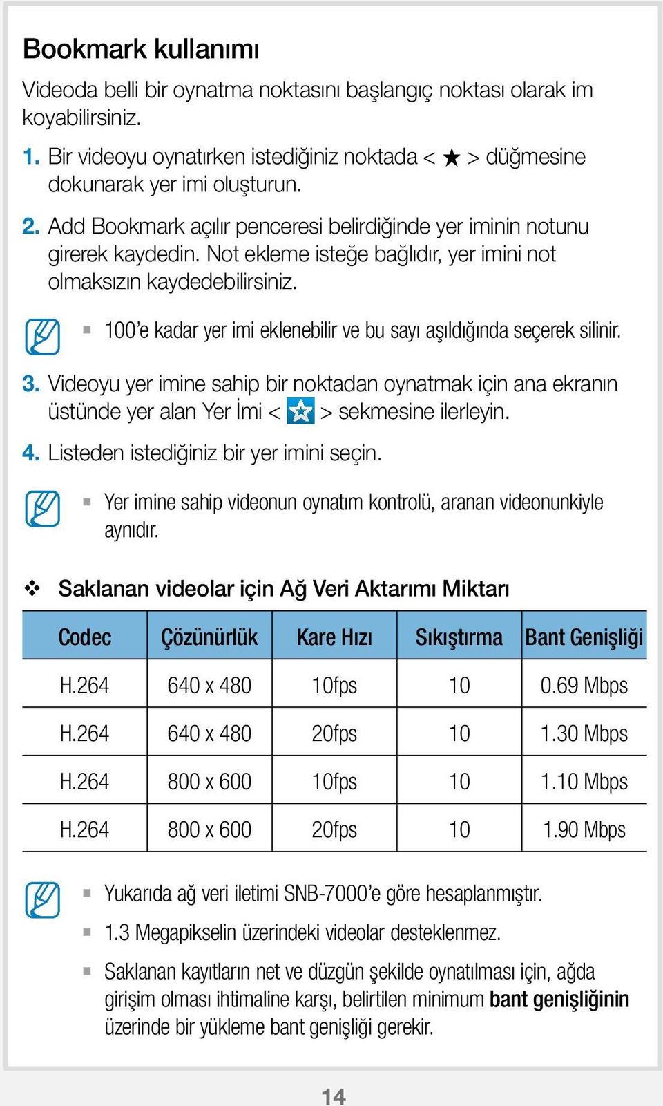 100 e kadar yer imi eklenebilir ve bu sayı aşıldığında seçerek silinir. 3. Videoyu yer imine sahip bir noktadan oynatmak için ana ekranın üstünde yer alan Yer İmi < > sekmesine ilerleyin. 4.