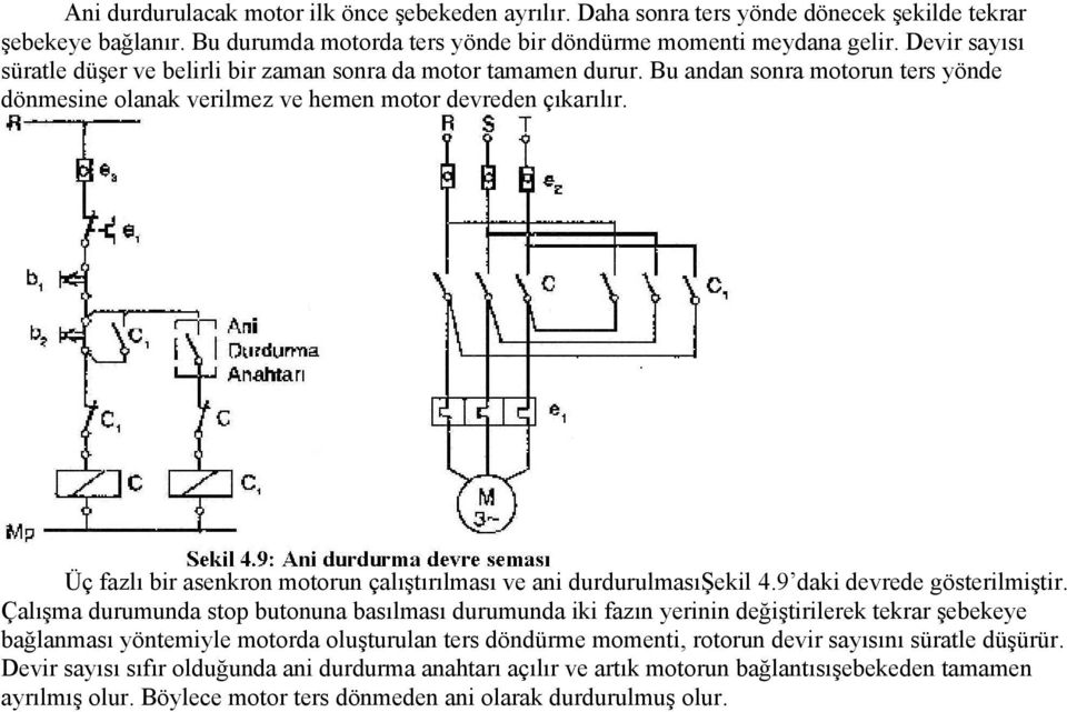 Üç fazlı bir asenkron motorun çalıştırılması ve ani durdurulmasışekil 4.9 daki devrede gösterilmiştir.