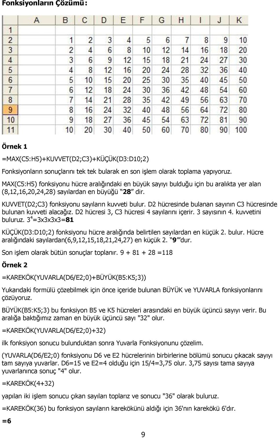 D2 hücresinde bulanan sayının C3 hücresinde bulunan kuvveti alacağız. D2 hücresi 3, C3 hücresi 4 sayılarını içerir. 3 sayısının 4. kuvvetini buluruz.