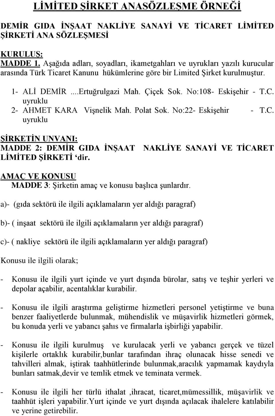 limited sirket anasozlesme ornegi pdf ucretsiz indirin