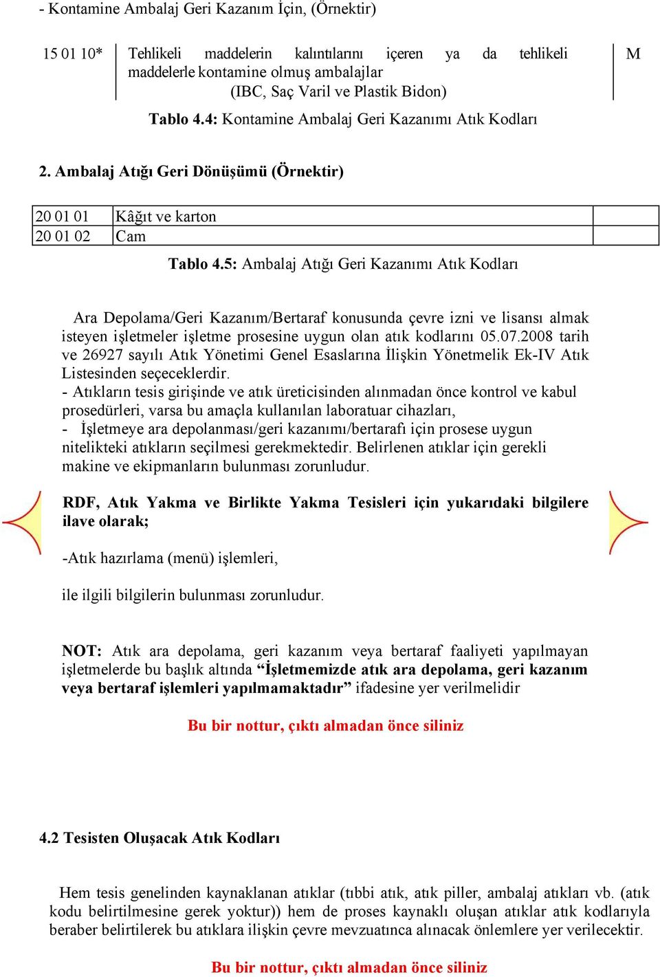 5: Ambalaj Atığı Geri Kazanımı Atık Kodları Ara Depolama/Geri Kazanım/Bertaraf konusunda çevre izni ve lisansı almak isteyen işletmeler işletme prosesine uygun olan atık kodlarını 05.07.