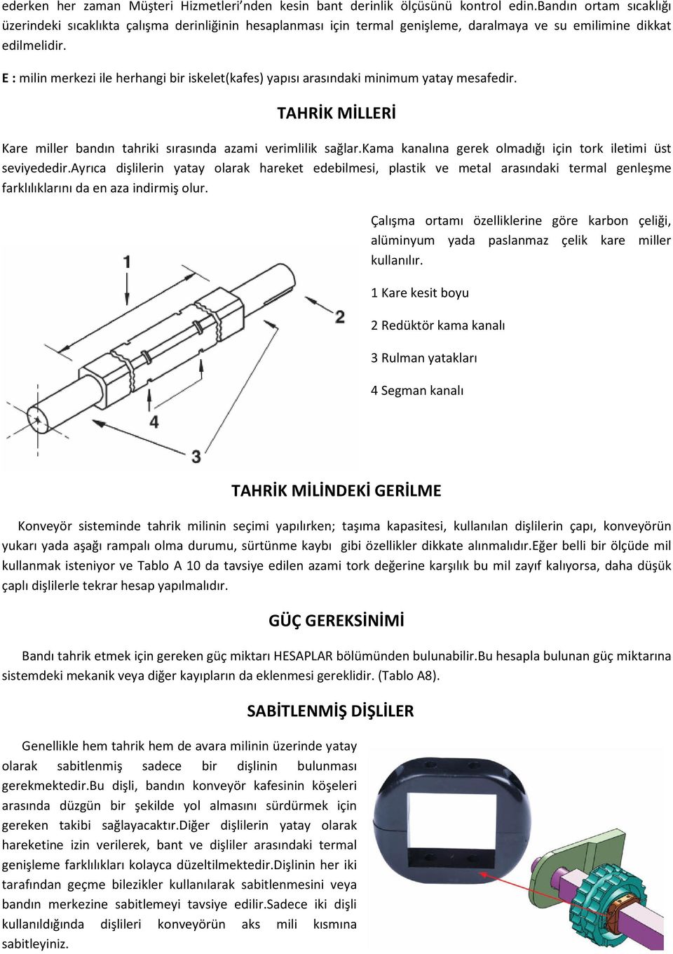 E : milin merkezi ile herhangi bir iskelet(kafes) yapısı arasındaki minimum yatay mesafedir. TAHRİK MİLLERİ Kare miller bandın tahriki sırasında azami verimlilik sağlar.