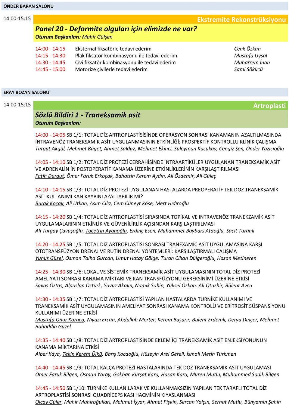 Muharrem İṅan 14:45-15:00 Motorize çivilerle tedavi ederim Sami Sökücü ERAY BOZAN SALONU 14:00-15:15 Artroplasti Sözlü Bildiri 1 - Traneksamik asit 14:00-14:05 SB 1/1: TOTAL DİZ ARTROPLASTİSİSİNDE