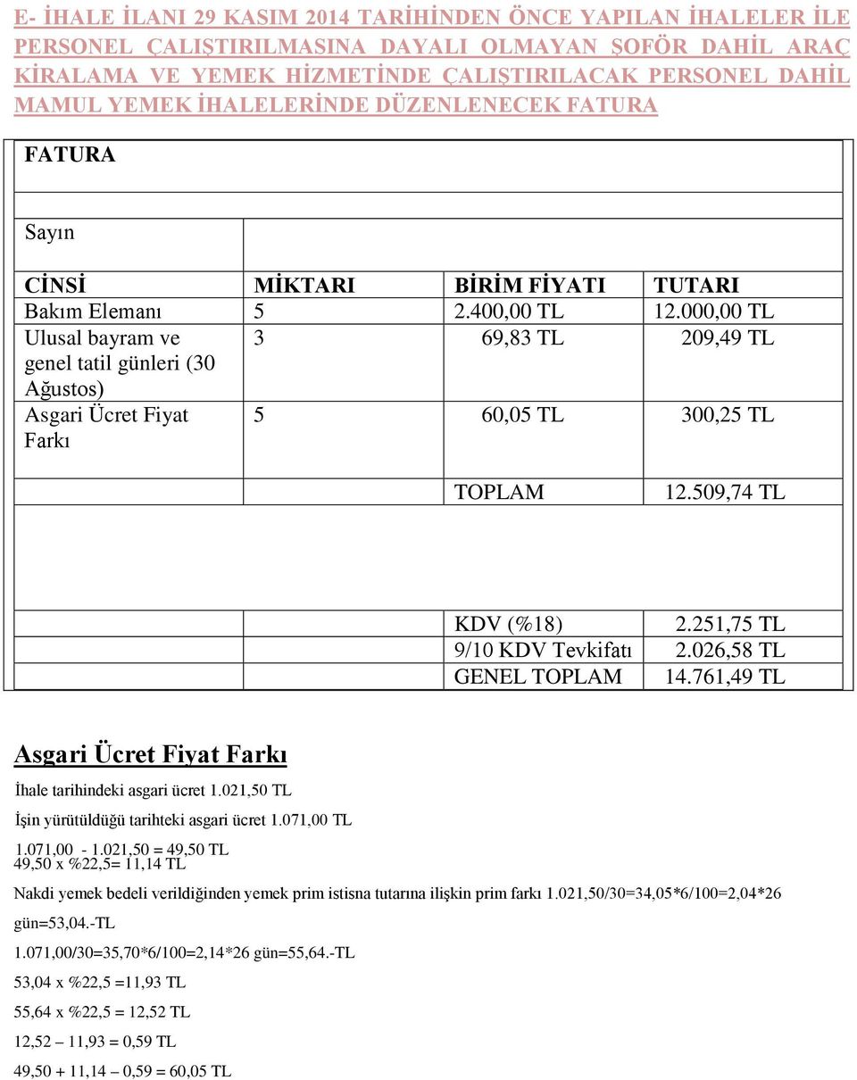 000,00 TL Ulusal bayram ve 3 69,83 TL 209,49 TL genel tatil günleri (30 Ağustos) Asgari Ücret Fiyat Farkı 5 60,05 TL 300,25 TL TOPLAM 12.509,74 TL KDV (%18) 2.251,75 TL 9/10 KDV Tevkifatı 2.