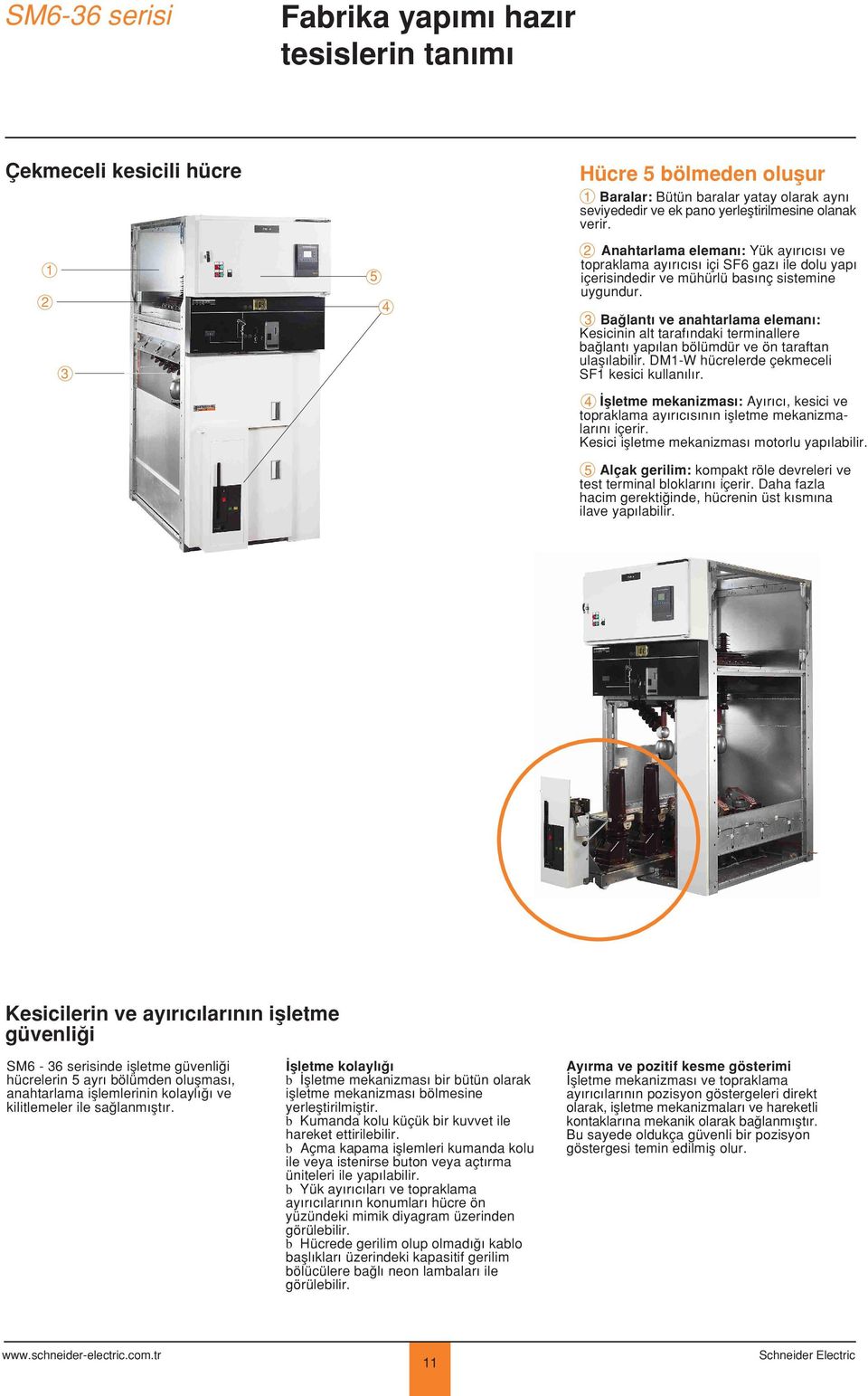 3 Ba lant ve anahtarlama eleman : Kesicinin alt taraf ndaki terminallere ba lant yap lan bölümdür ve ön taraftan ulafl labilir. DM1-W hücrelerde çekmeceli SF1 kesici kullan l r.