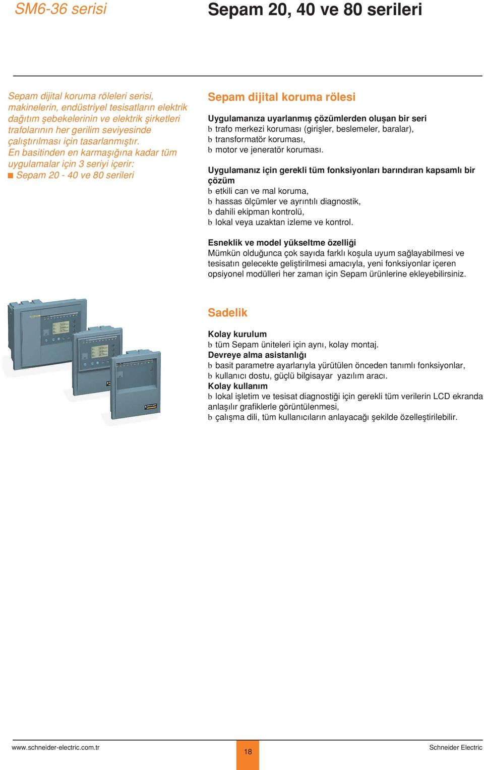 En basitinden en karmafl na kadar tüm uygulamalar için 3 seriyi içerir: c Sepam 20-40 ve 80 serileri Sepam dijital koruma rölesi Uygulaman za uyarlanm fl çözümlerden oluflan bir seri b trafo merkezi