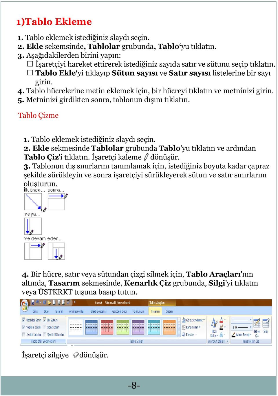 Tablo hücrelerine metin eklemek için, bir hücreyi tıklatın ve metninizi girin. 5. Metninizi girdikten sonra, tablonun dışını Tablo Çizme 1. Tablo eklemek istediğiniz slaydı seçin. 2.