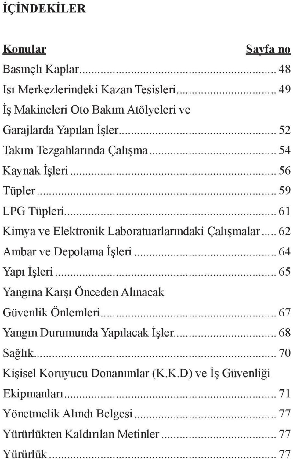 .. 62 Ambar ve Depolama İşleri... 64 Yapı İşleri... 65 Yangına Karşı Önceden Alınacak Güvenlik Önlemleri... 67 Yangın Durumunda Yapılacak İşler.