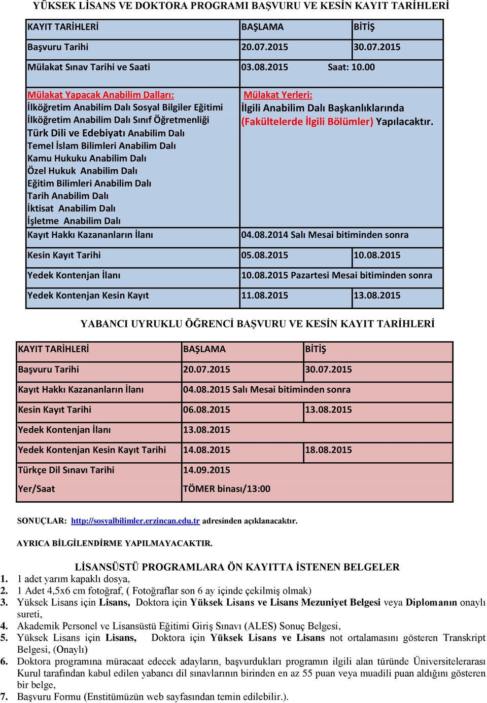 Anabilim Dalı Özel Hukuk Anabilim Dalı Eğitim Bilimleri Anabilim Dalı Tarih Anabilim Dalı Anabilim Dalı Anabilim Dalı Kayıt Hakkı Kazananların İlanı Mülakat Yerleri: İlgili Anabilim Dalı