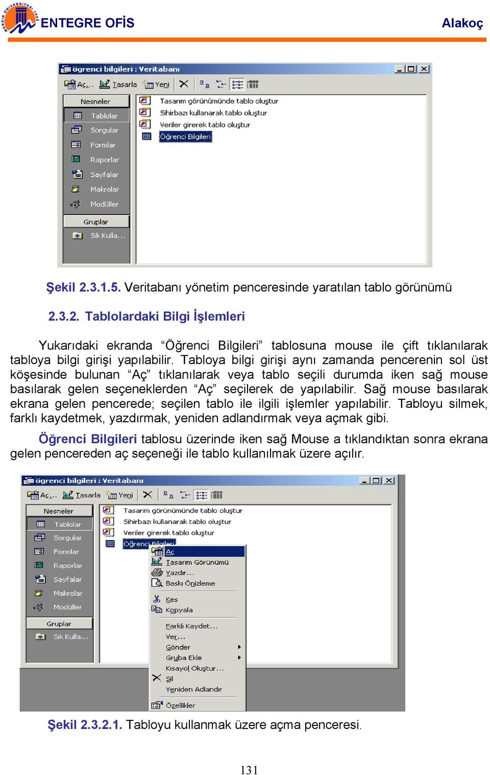 Sağ mouse basılarak ekrana gelen pencerede; seçilen tablo ile ilgili işlemler yapılabilir. Tabloyu silmek, farklı kaydetmek, yazdırmak, yeniden adlandırmak veya açmak gibi.