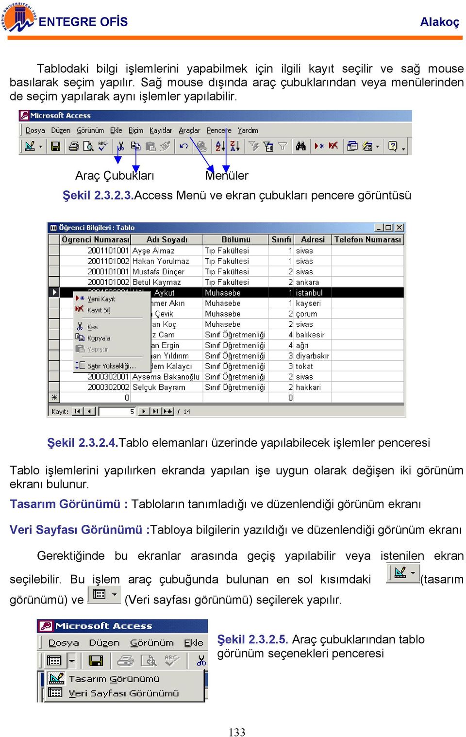 Tablo elemanları üzerinde yapılabilecek işlemler penceresi Tablo işlemlerini yapılırken ekranda yapılan işe uygun olarak değişen iki görünüm ekranı bulunur.