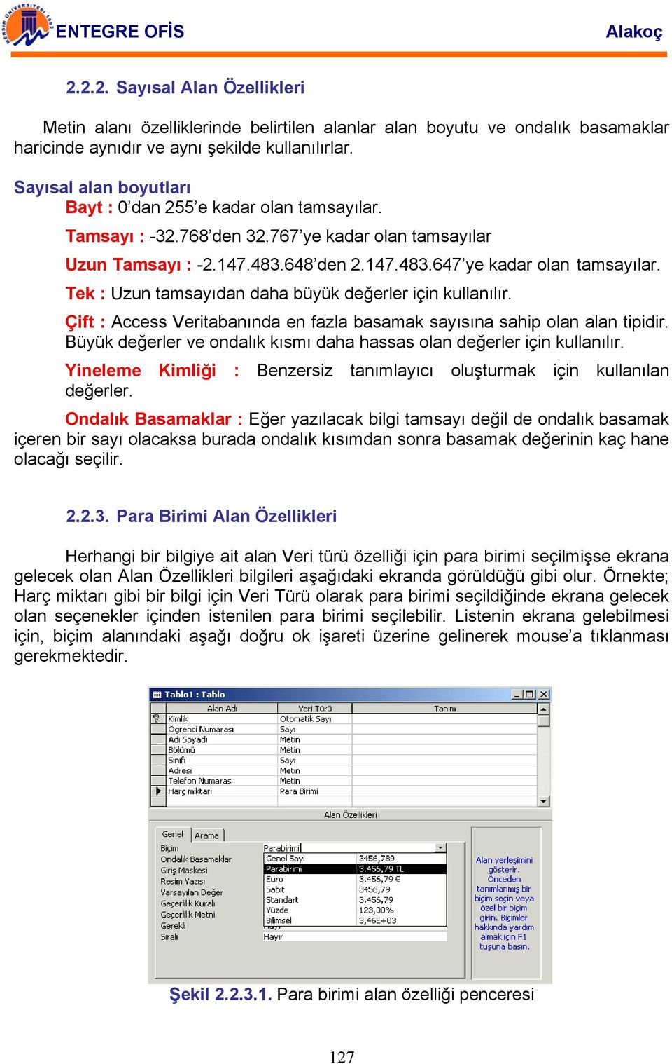 Tek : Uzun tamsayıdan daha büyük değerler için kullanılır. Çift : Access Veritabanında en fazla basamak sayısına sahip olan alan tipidir.