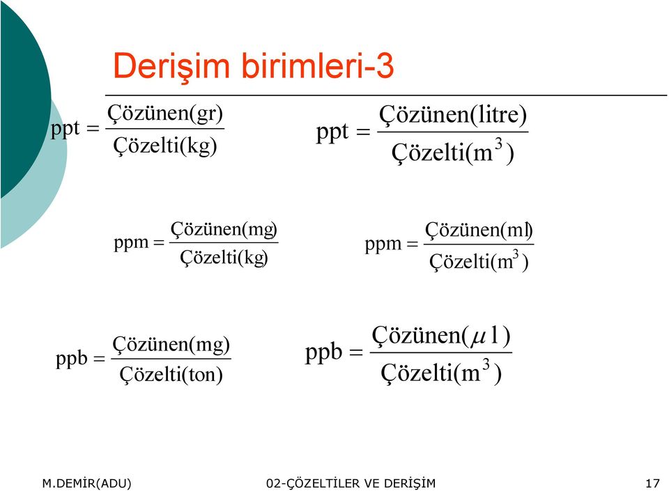 = Çözünen(ml) 3 Çözelti(m ) ppb = Çözünen(mg) Çözelti(ton) ppb