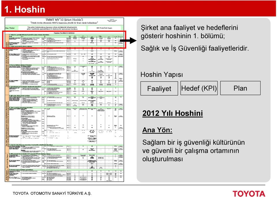 Hoshin Yapısı Faaliyet Hedef (KPI) Plan 2012 Yılı Hoshini Ana