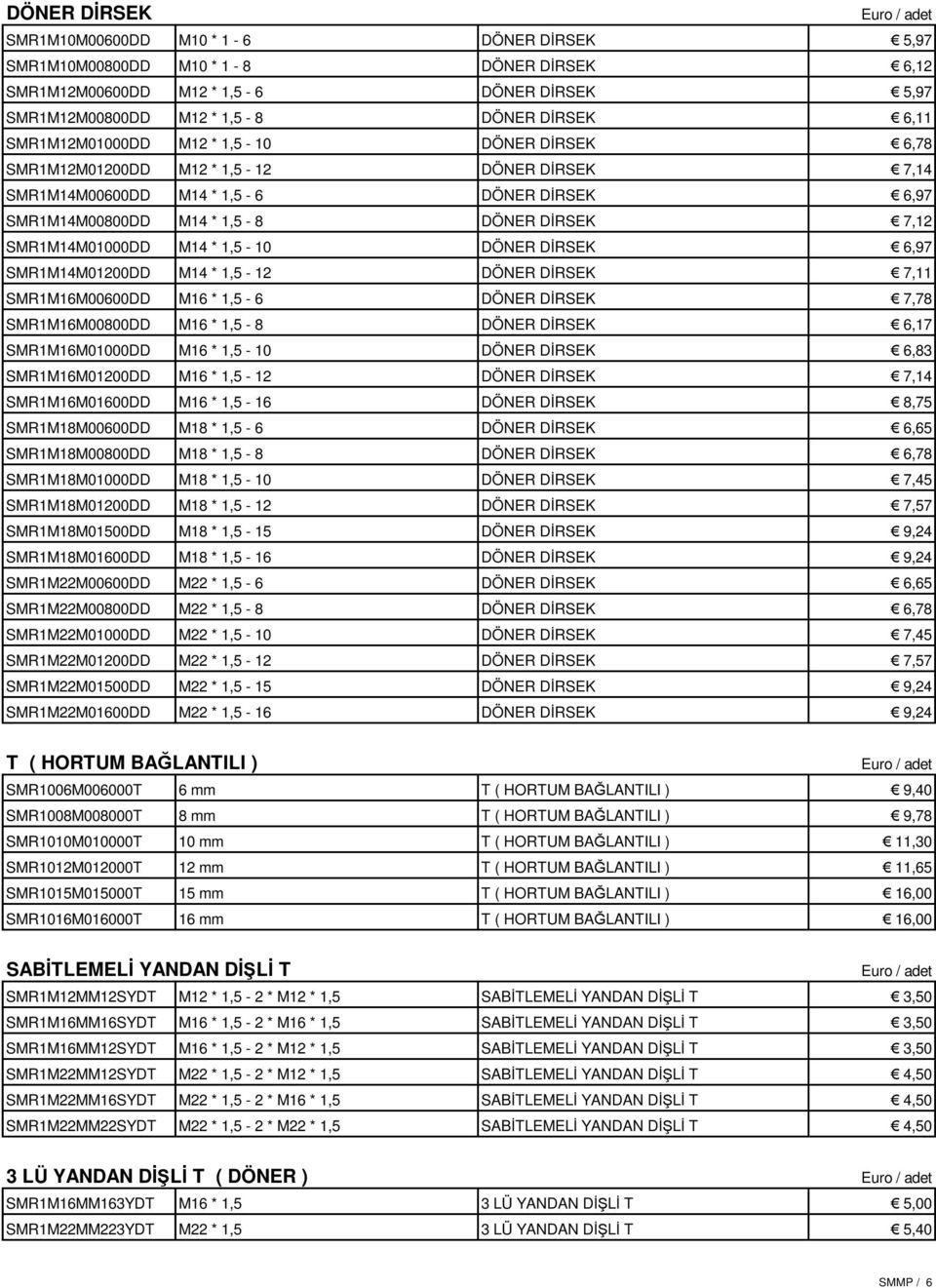 SMR1M14M01000DD M14 * 1,5-10 DÖNER DİRSEK 6,97 SMR1M14M01200DD M14 * 1,5-12 DÖNER DİRSEK 7,11 SMR1M16M00600DD M16 * 1,5-6 DÖNER DİRSEK 7,78 SMR1M16M00800DD M16 * 1,5-8 DÖNER DİRSEK 6,17