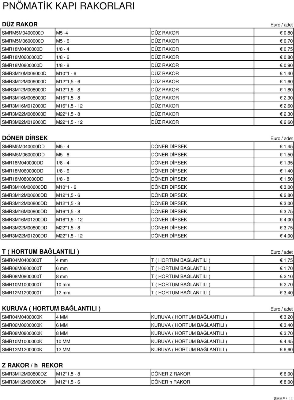 M16*1,5-12 DÜZ RAKOR 2,60 SMR3M22M008000D M22*1,5-8 DÜZ RAKOR 2,30 SMR3M22M012000D M22*1,5-12 DÜZ RAKOR 2,60 DÖNER DİRSEK SMRM5M040000DD M5-4 DÖNER DİRSEK 1,45 SMRM5M060000DD M5-6 DÖNER DİRSEK 1,50