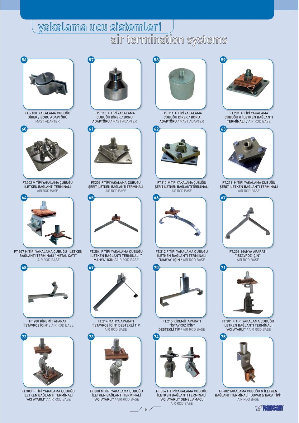 202 M TİPİ YAKALAMA ÇUBUĞU İLETKEN BAĞLANTI TERMİNALİ AIR ROD BASE FT.205 F TİPİ YAKALAMA ÇUBUĞU ŞERİT İLETKEN BAĞLANTI TERMİNALİ AIR ROD BASE FT.