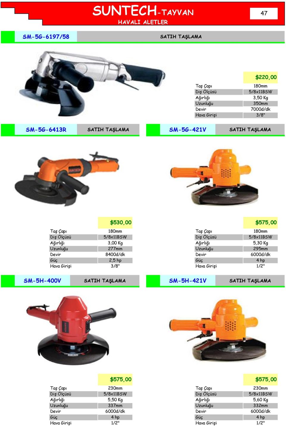 180mm 5/8x11BSW 5,30 Kg 295mm 6000d/dk 4 hp SM-5H-400V SATIH TAŞLAMA SM-5H-421V SATIH TAŞLAMA $575,00 Taş Çapı