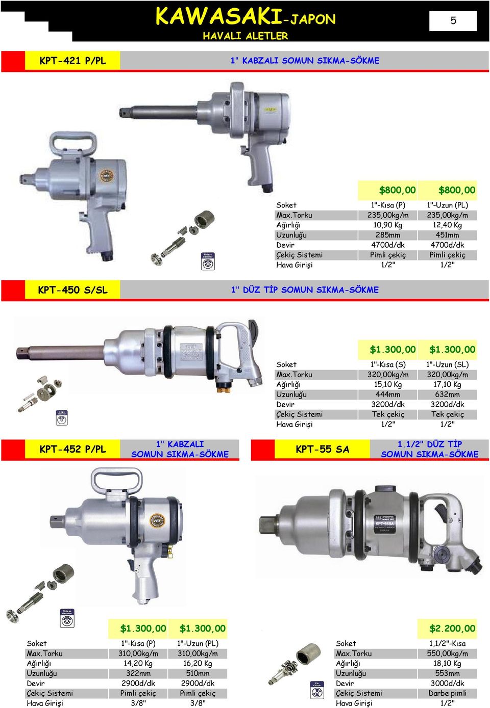 300,00 1"-Uzun (SL) 320,00kg/m 17,10 Kg 632mm 3200d/dk Tek çekiç KPT-452 P/PL 1" KABZALI KPT-55 SA 1. DÜZ TİP $1.300,00 $1.