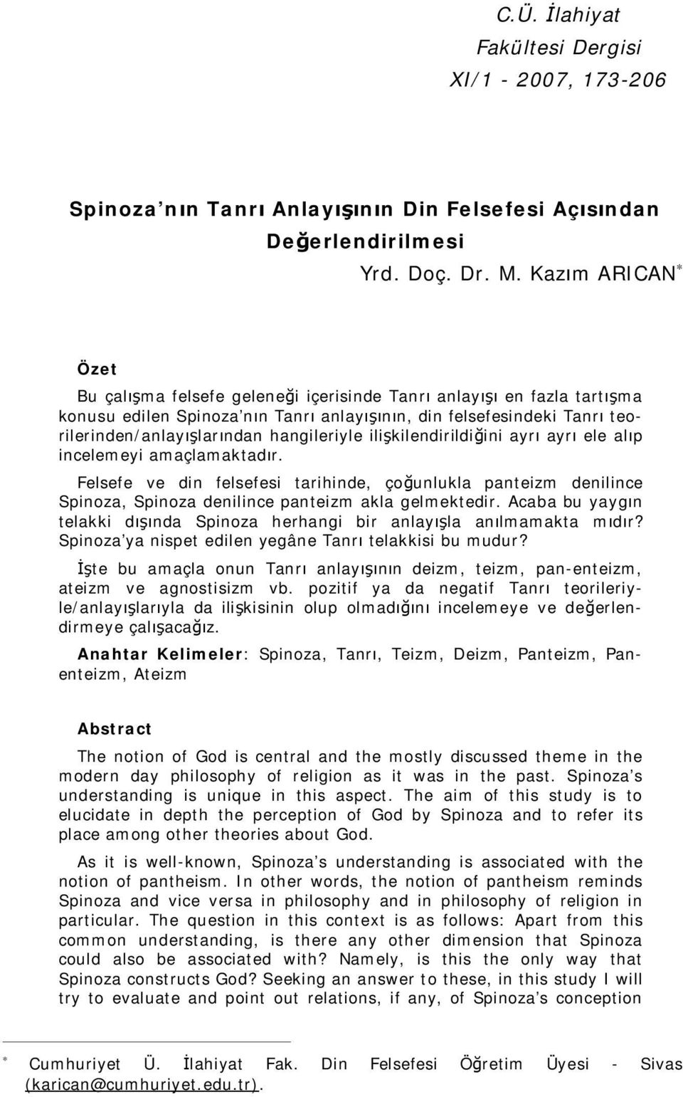 spinoza nin tanri anlayisinin din felsefesi acisindan degerlendirilmesi yrd doc dr m kazim arican pdf ucretsiz indirin