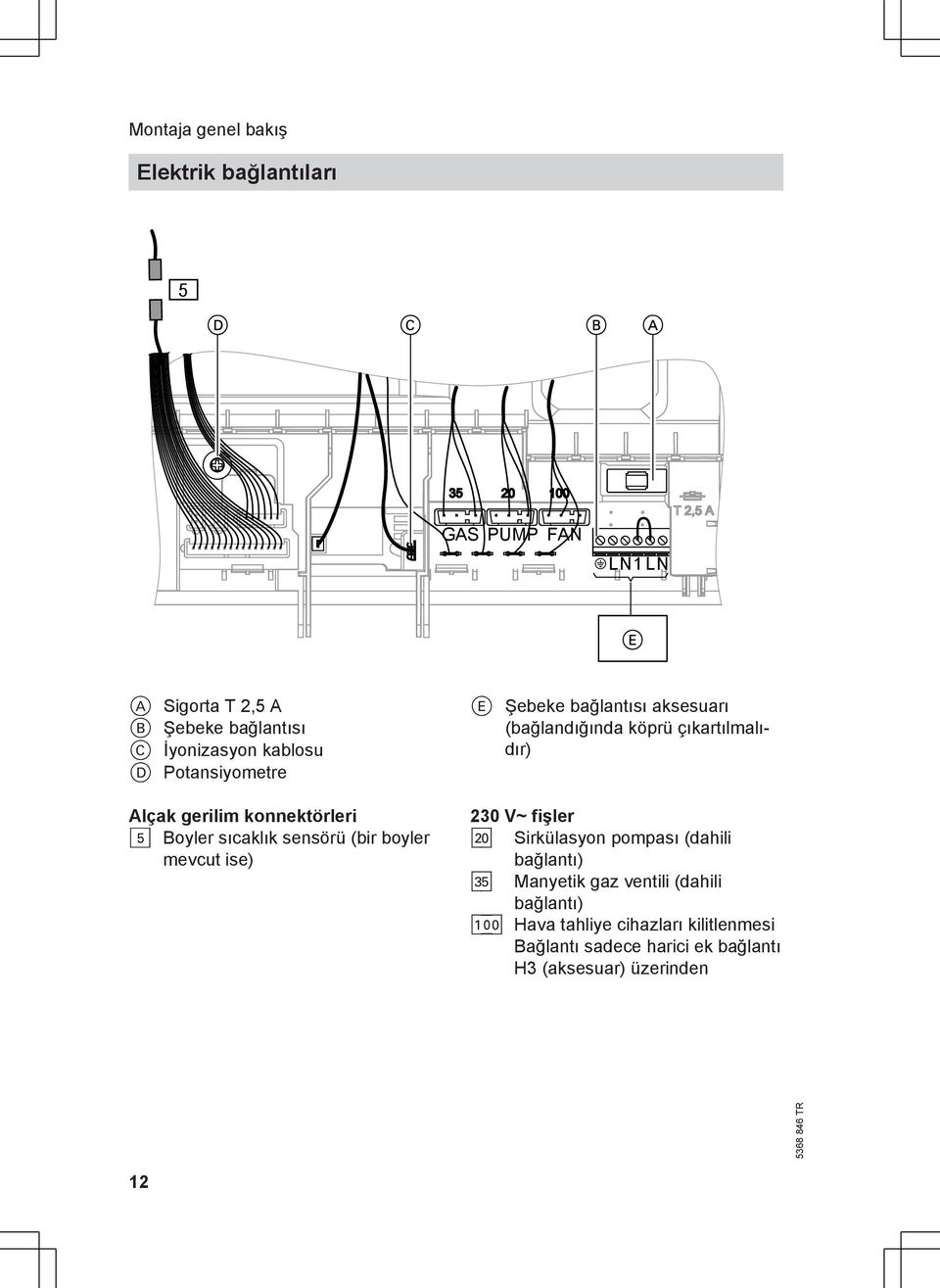 sıcaklık sensörü (bir boyler mevcut ise) E Şebeke bağlantısı aksesuarı (bağlandığında köprü çıkartılmalıdır) 230 V~