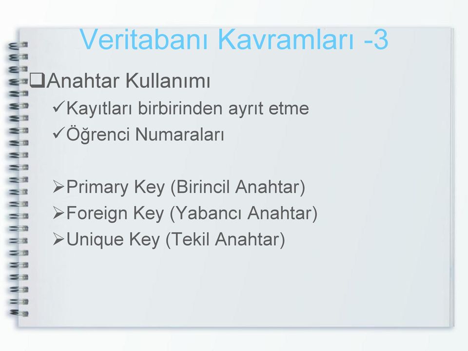 Numaraları Primary Key (Birincil Anahtar)