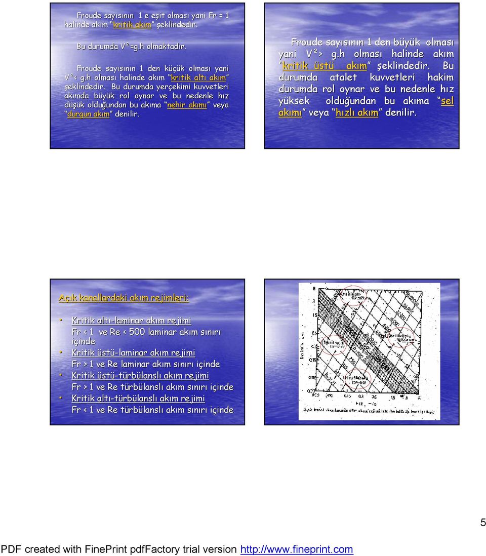 Froude sayısının 1 den büyük olması yani V²> g.h olması halinde akım kritik üstü akım şeklindedir.