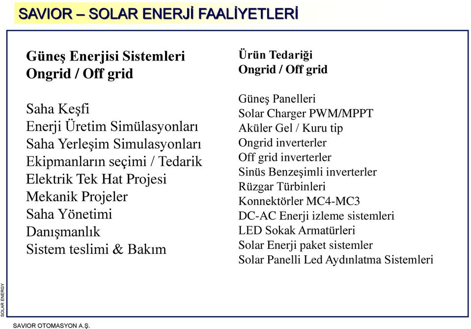 grid Güneş Panelleri Solar Charger PWM/MPPT Aküler Gel / Kuru tip Ongrid inverterler Off grid inverterler Sinüs Benzeşimli inverterler Rüzgar