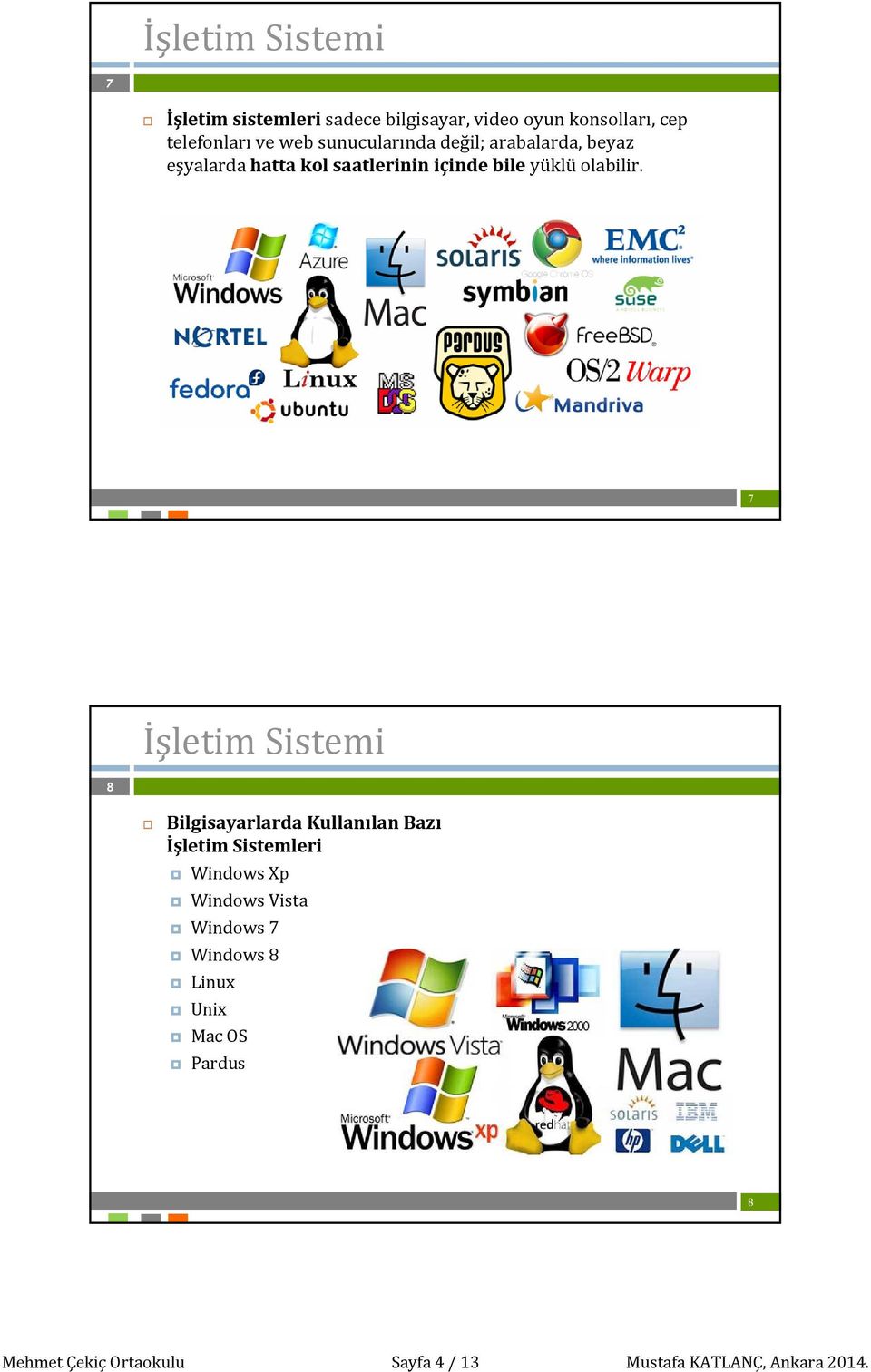 7 İşletim Sistemi 8 Bilgisayarlarda Kullanılan Bazı İşletim Sistemleri Windows Xp Windows Vista
