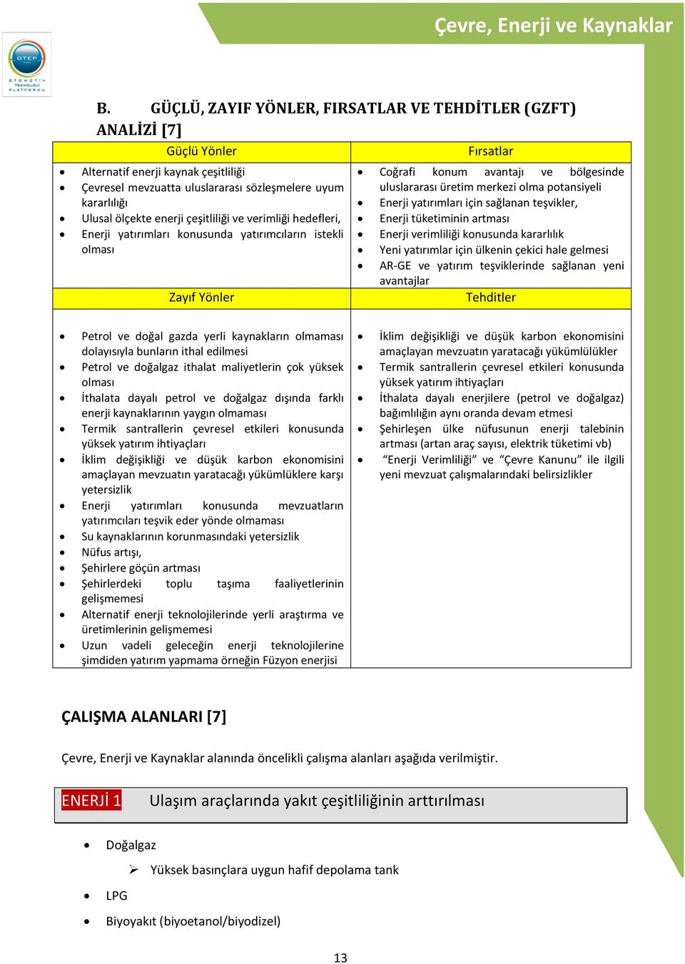 enerji çeşitliliği ve verimliği hedefleri, Enerji yatırımları konusunda yatırımcıların istekli olması Zayıf Yönler Coğrafi konum avantajı ve bölgesinde uluslararası üretim merkezi olma potansiyeli