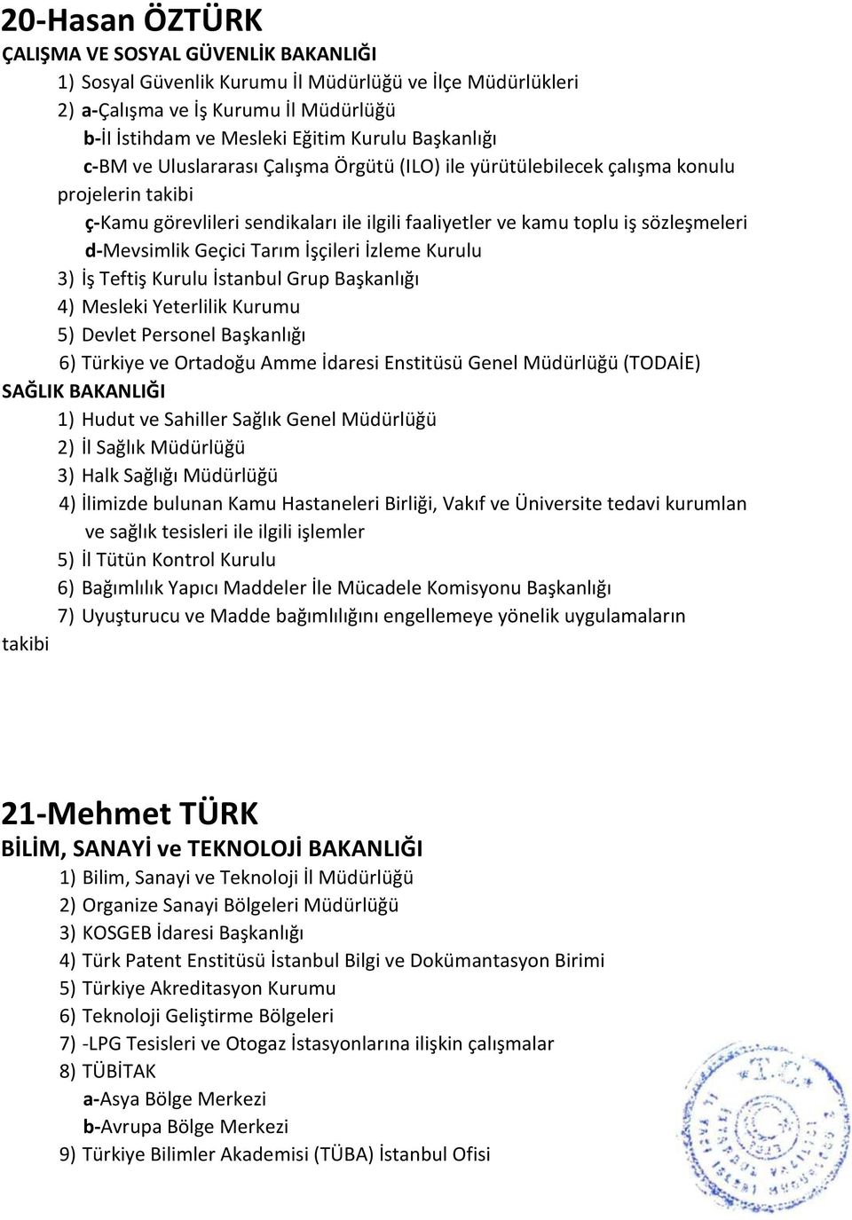 d-mevsimlik Geçici Tarım İşçileri İzleme Kurulu 3) İş Teftiş Kurulu İstanbul Grup Başkanlığı 4) Mesleki Yeterlilik Kurumu 5) Devlet Personel Başkanlığı 6) Türkiye ve Ortadoğu Amme İdaresi Enstitüsü