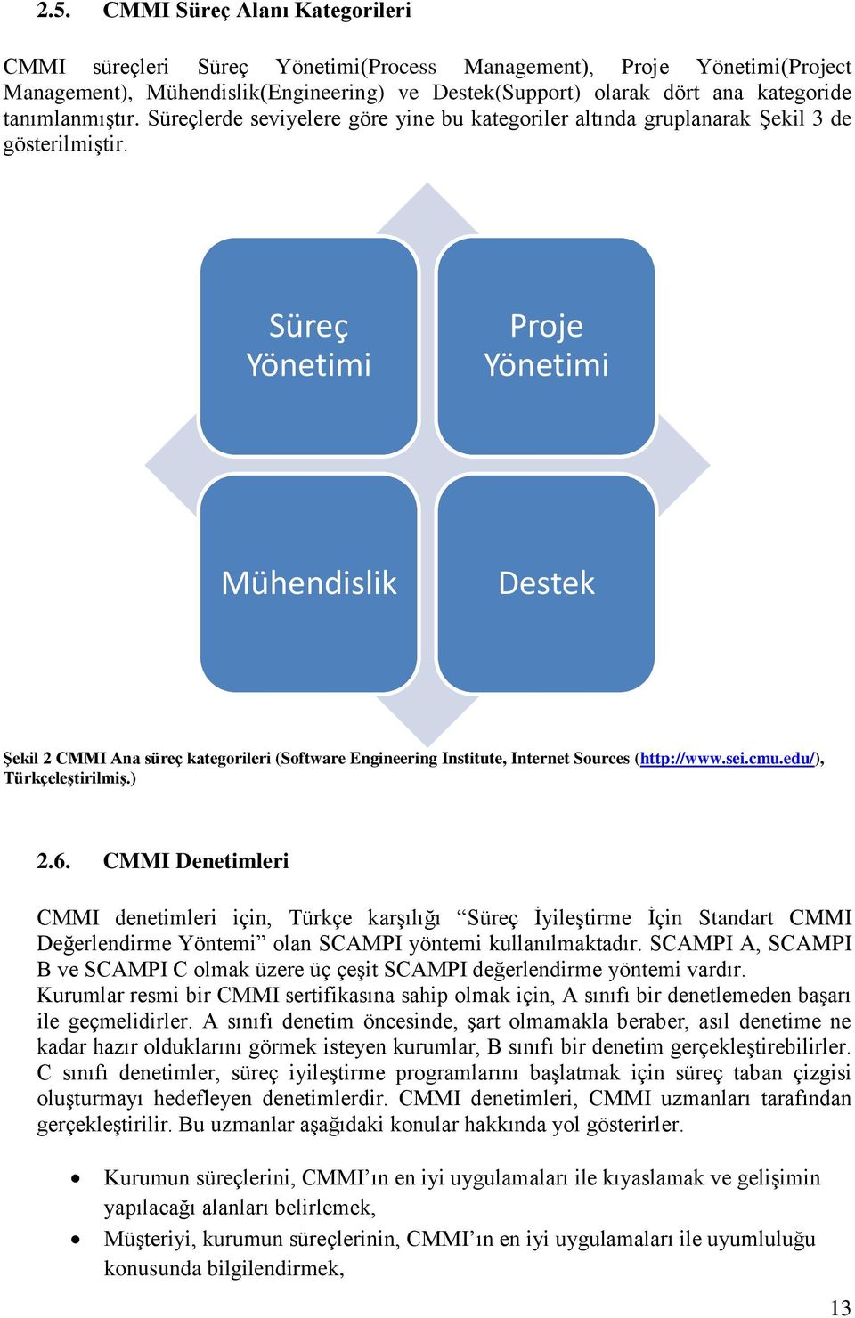Süreç Yönetimi Proje Yönetimi Mühendislik Destek Şekil 2 CMMI Ana süreç kategorileri (Software Engineering Institute, Internet Sources (http://www.sei.cmu.edu/), Türkçeleştirilmiş.) 2.6.
