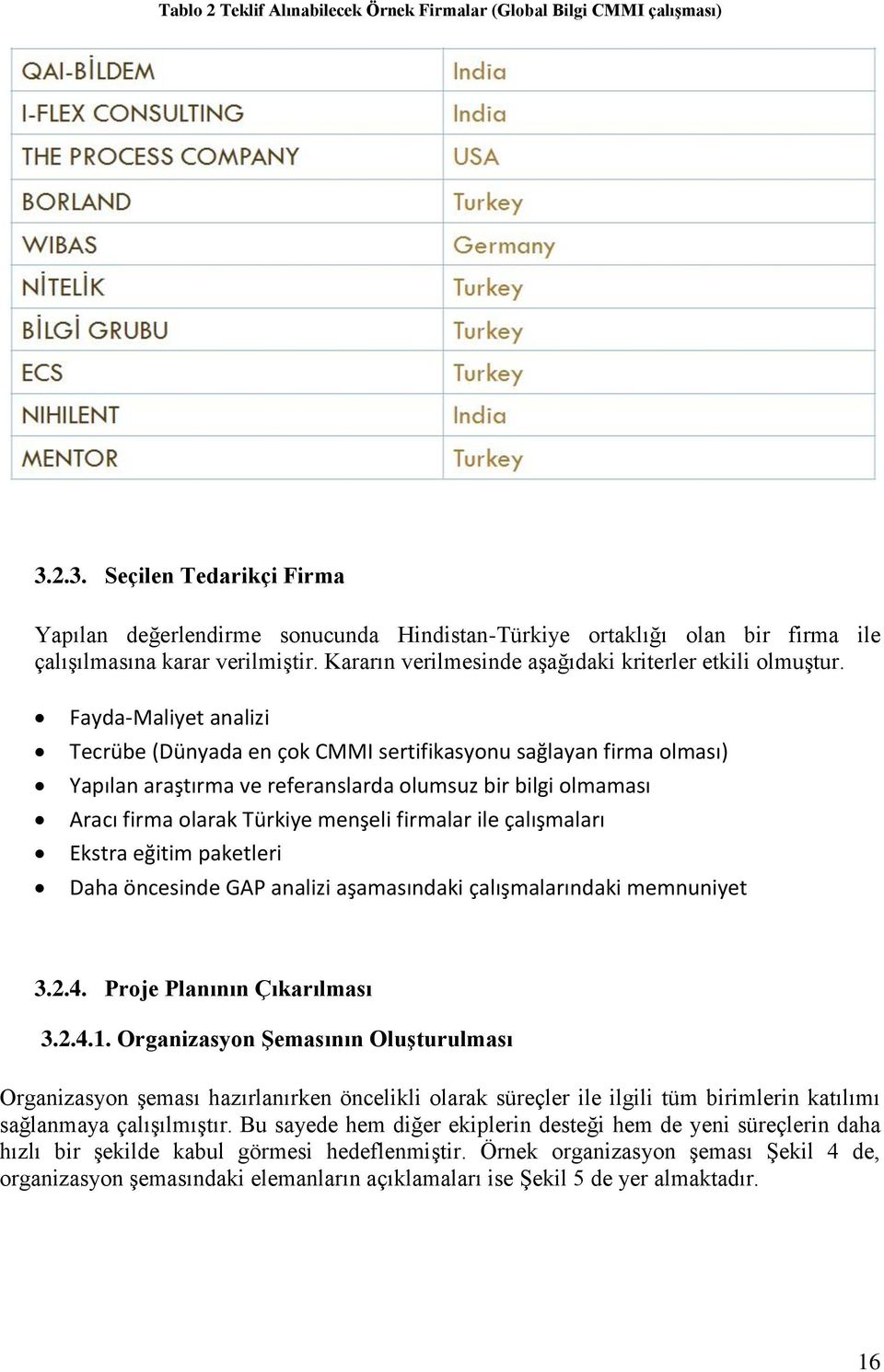 Fayda-Maliyet analizi Tecrübe (Dünyada en çok CMMI sertifikasyonu sağlayan firma olması) Yapılan araştırma ve referanslarda olumsuz bir bilgi olmaması Aracı firma olarak Türkiye menşeli firmalar ile