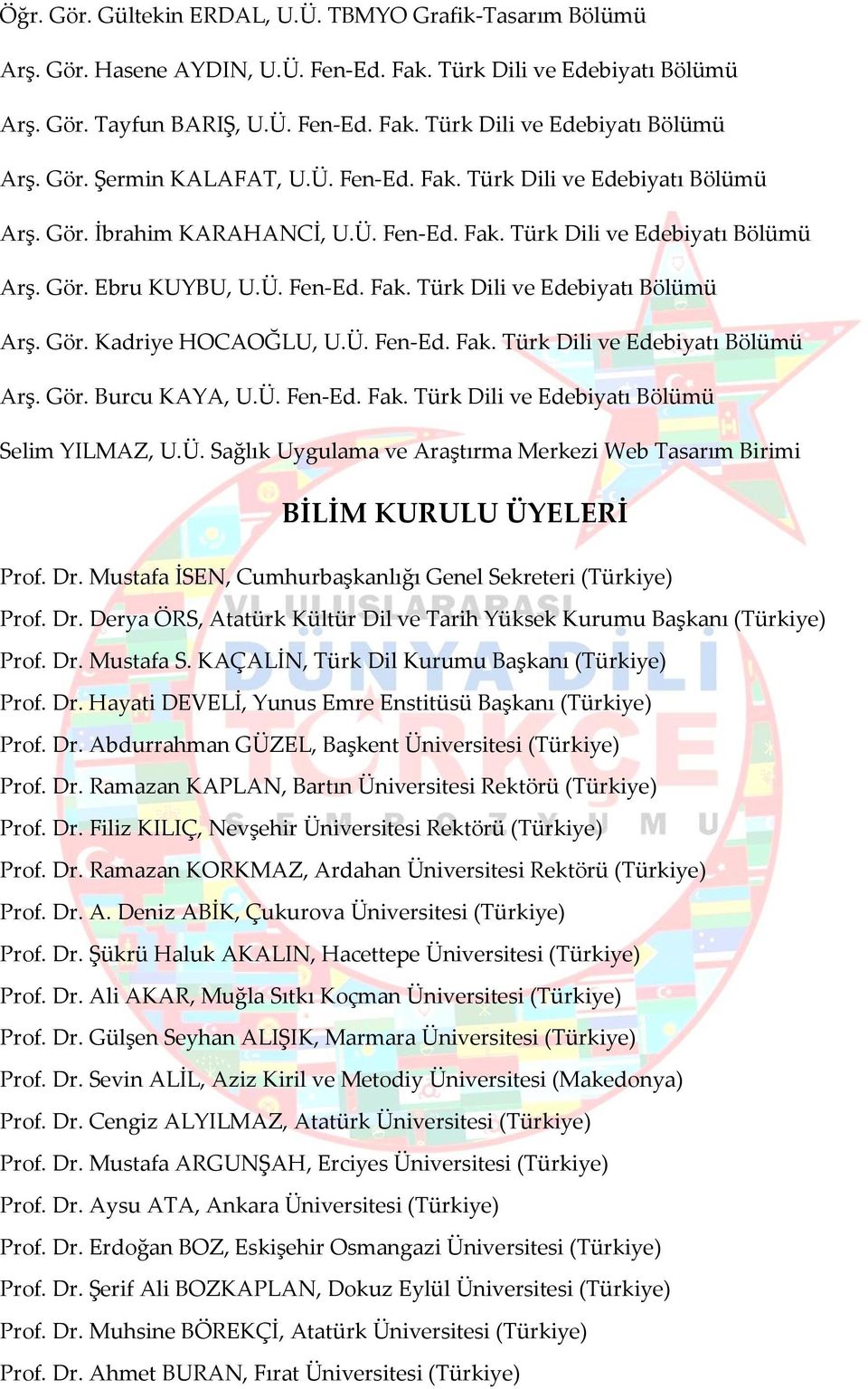 Ü. Fen-Ed. Fak. Türk Dili ve Edebiyatı Bölümü Arş. Gör. Burcu KAYA, U.Ü. Fen-Ed. Fak. Türk Dili ve Edebiyatı Bölümü Selim YILMAZ, U.Ü. Sağlık Uygulama ve Araştırma Merkezi Web Tasarım Birimi BİLİM KURULU ÜYELERİ Prof.