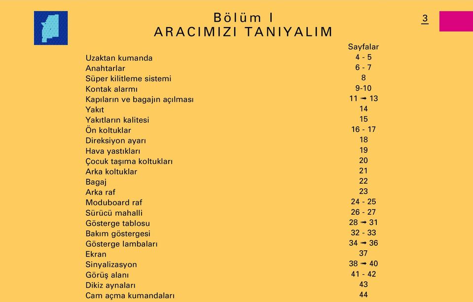 Gösterge tablosu Bak m göstergesi Gösterge lambalar Ekran Sinyalizasyon Görüfl alan Dikiz aynalar Cam açma kumandalar Bölüm I