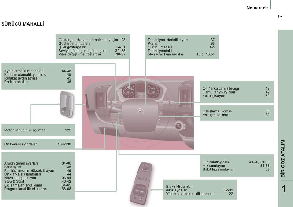 53 Aydınlatma kumandaları 44-46 Farların otomatik yanması 45 Refakat aydınlatması 45 Park lambaları 46 Ön / arka cam sileceği 47 Cam / far yıkayıcılar 47 Yol bilgisayarı 89 Çalıştırma, kontak 38