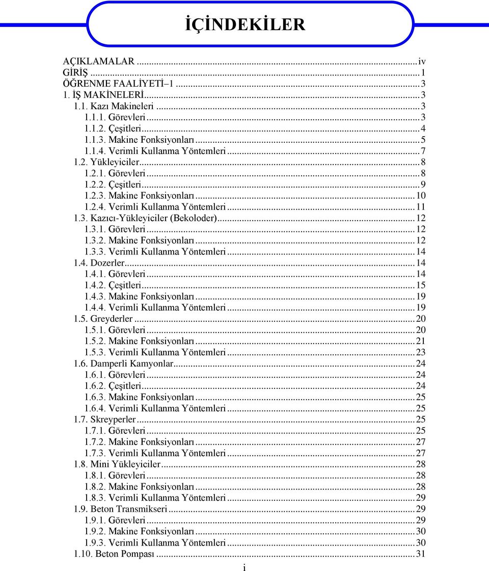 4. Dozerler... 14 1.4.1. Görevleri... 14 1.4.2. Çeşitleri... 15 1.4.3. Makine Fonksiyonları... 19 1.4.4. Verimli Kullanma Yöntemleri... 19 1.5. Greyderler... 20 1.5.1. Görevleri... 20 1.5.2. Makine Fonksiyonları... 21 1.